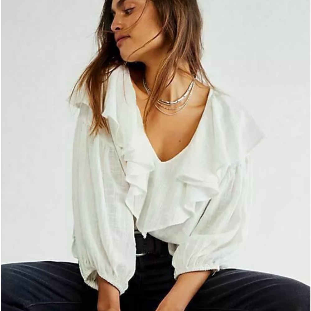Free People Zuri Ruffle Blouse Open Back Ivory Size XS